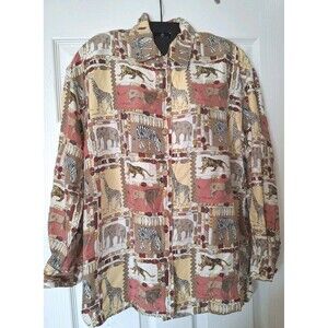 Vintage Safari Silk Blouse Size 10 Tiger Elephant Zoo Shoulder Pads Sandra Roth
